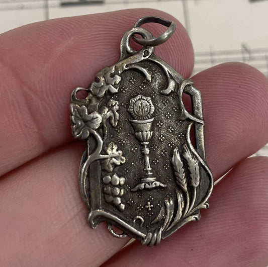 Antique French Art Nouveau Sterling Silver First Communion Medal Chalice c1911