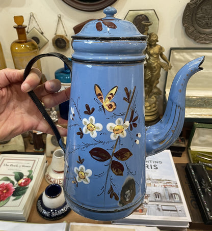 Rare Antique French Enamelware Coffee Pot Butterfly Flowers c1920