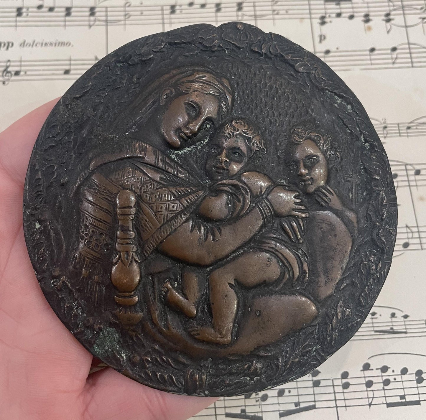 Large Antique French Bronze Virgin Mary Icon Plaque Medal c1900
