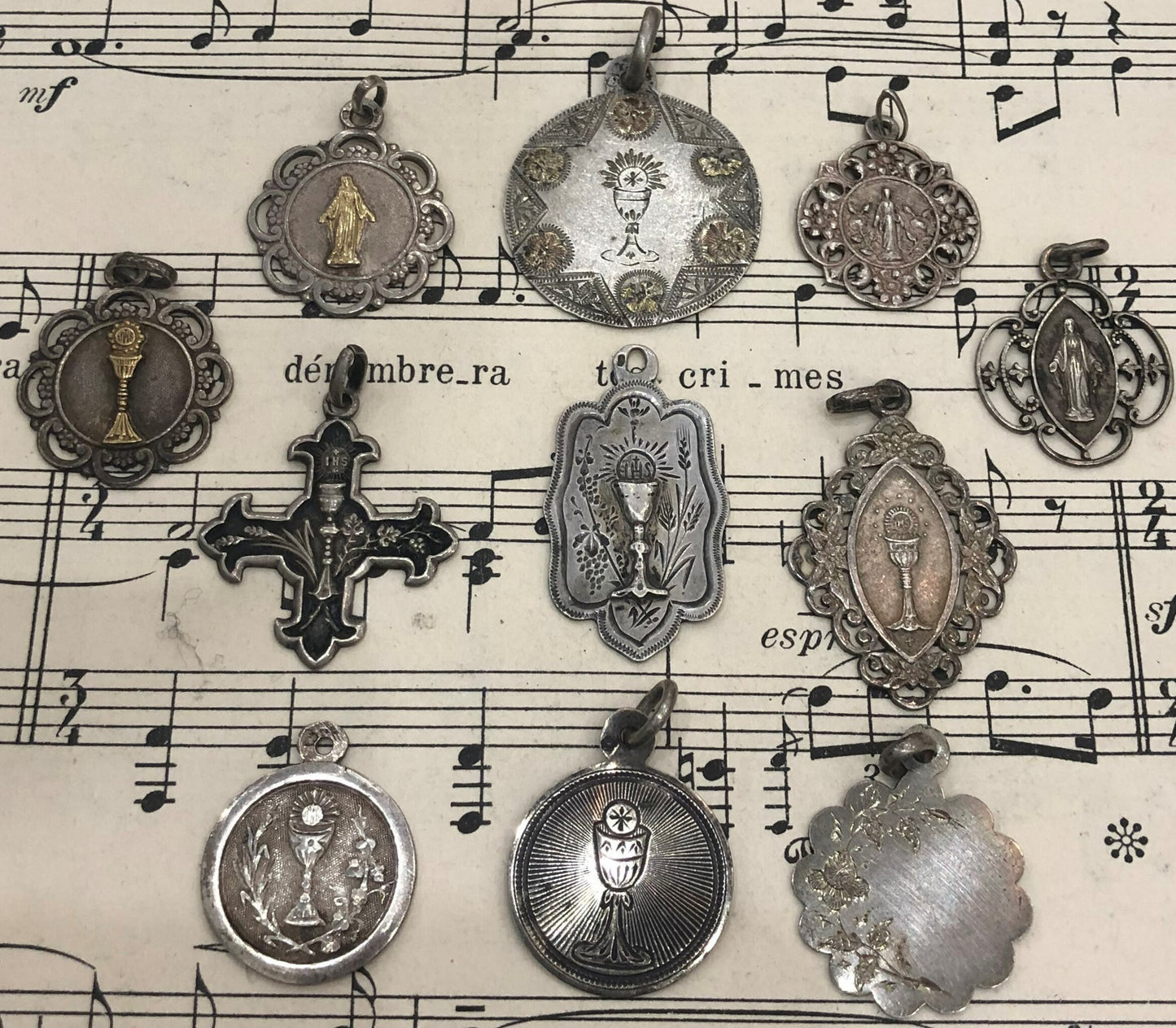 Antique French Art Nouveau Silver 800 First Communion Medal Flowers c1900