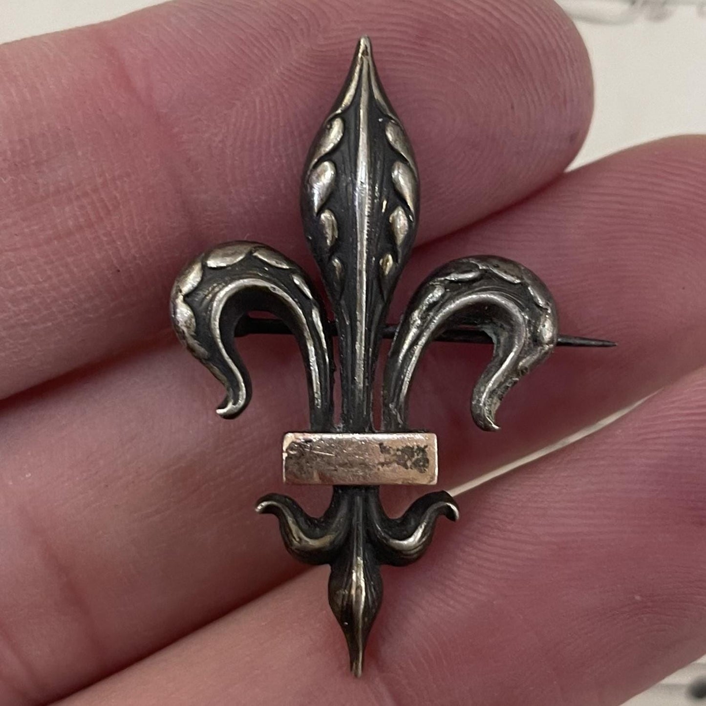 Antique French Silver Plated Fleur de Lys Pin / Brooch c1920