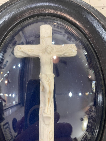 Antique French Carved Plaster Jesus Cross Crucifixion Domed Glass c1900