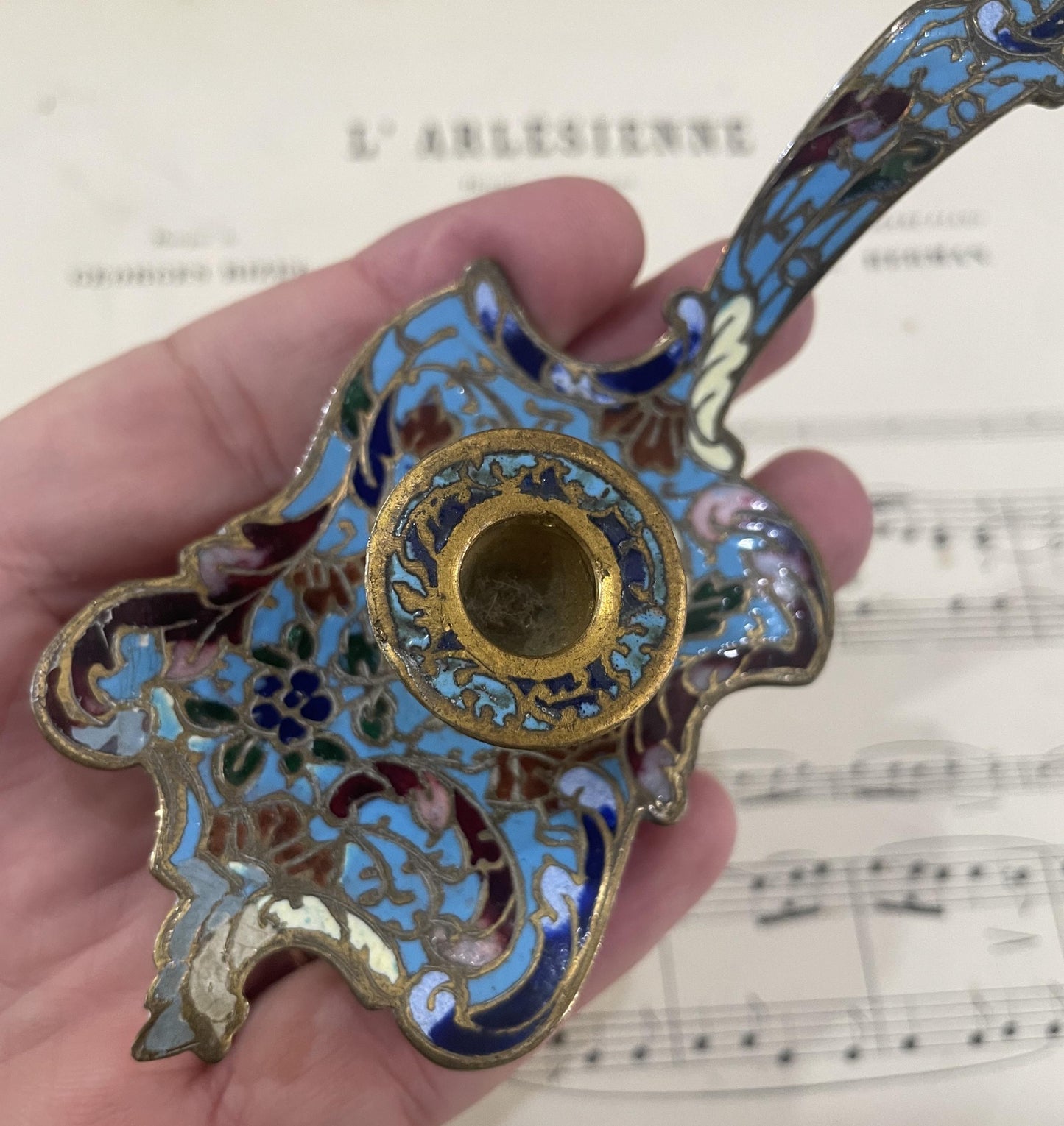 Small Antique French Miniature Champleve Enamel Candlestick Holder c1880