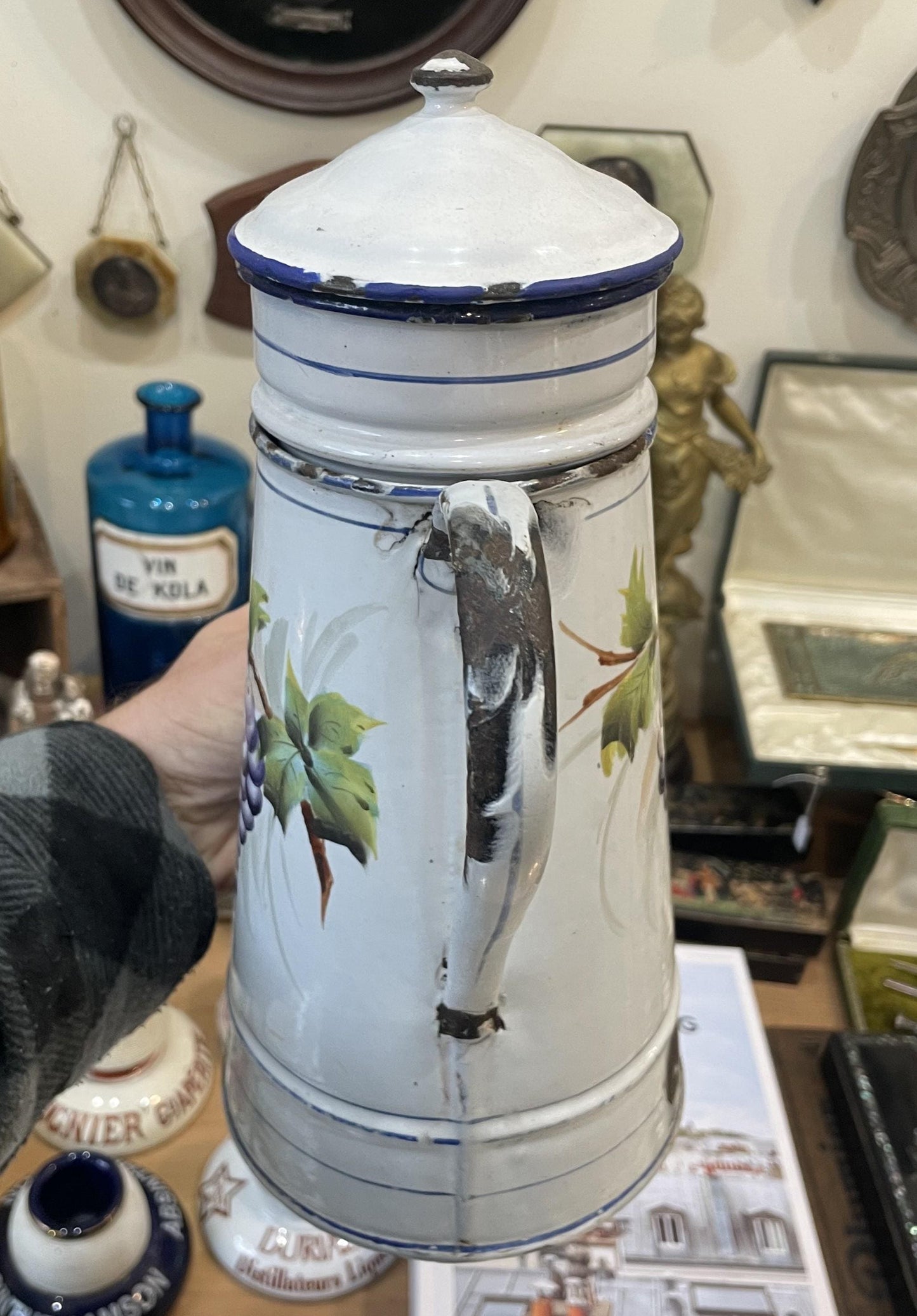 Rare Antique French Enamelware Coffee Pot Grapes Vine c1920