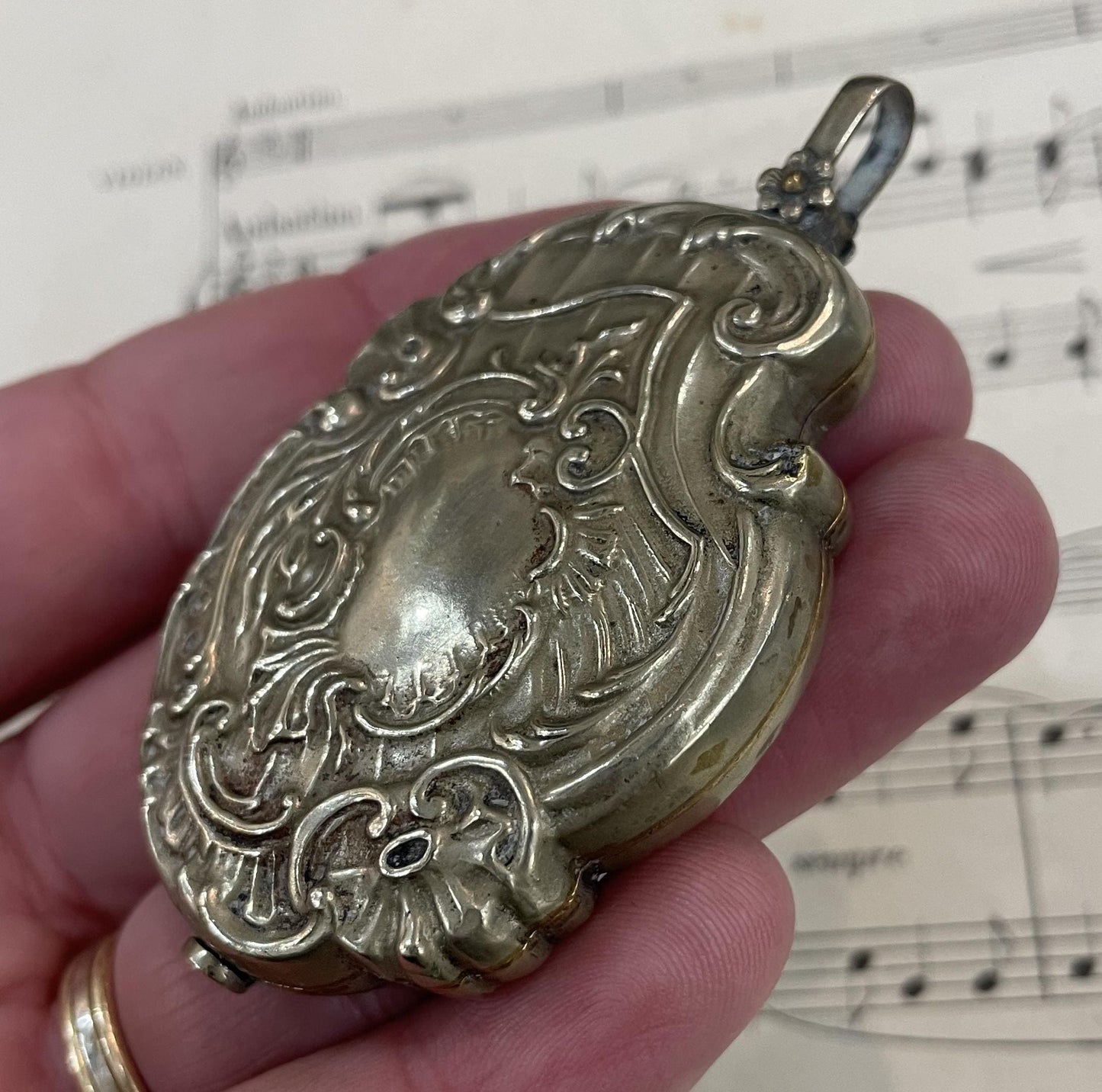 Rare Large Antique French Art Nouveau Silver Plated Sliding Mirror Pendant c1900