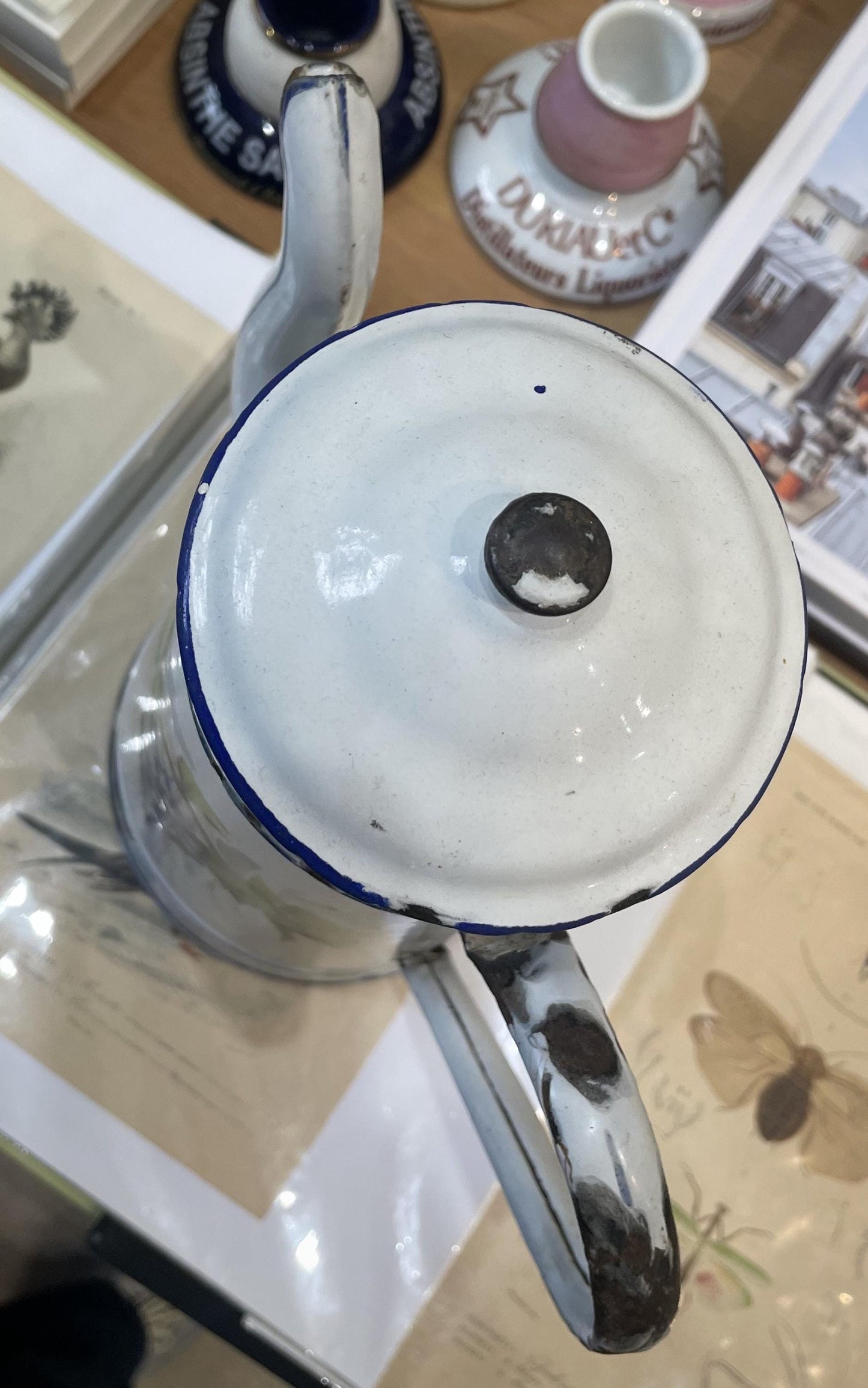 Rare Antique French Enamelware Coffee Pot Grapes Vine c1920