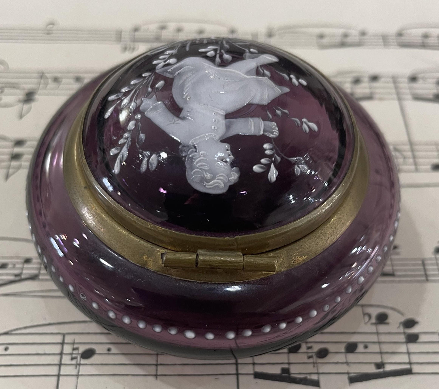 Rare Antique French Gilt Brass Purple Glass Hand Painted Enameled Box Mary Gregory c1900