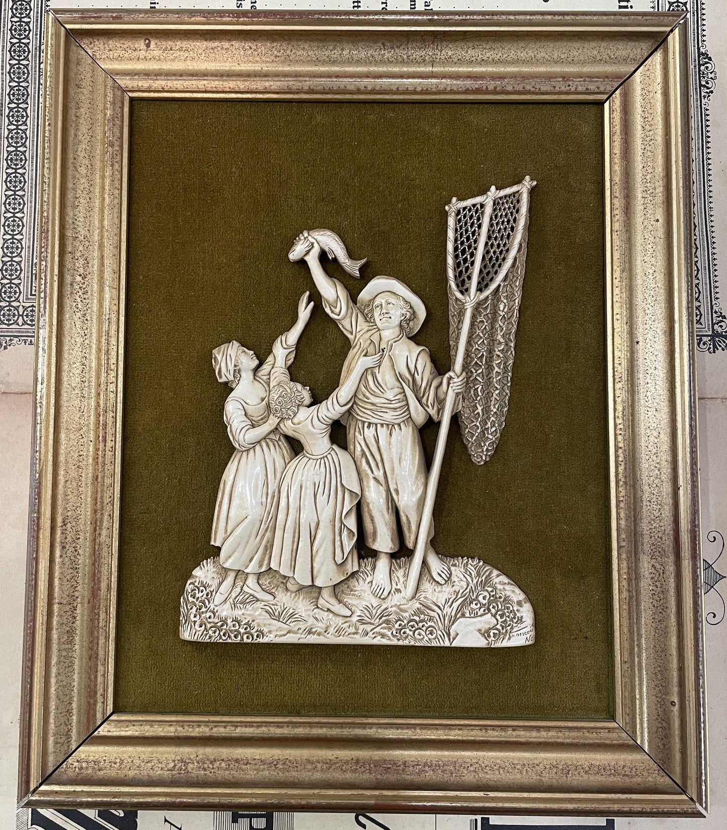 Rare Antique French Icoryl Faux Ivoire Fisherman Signed Francois Noe Frame c1940