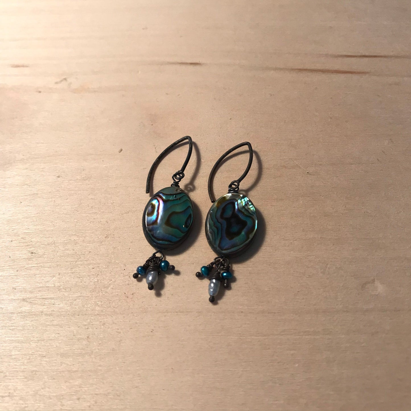 Abalone shell earrings with freshwater pearls and oxidized sterling silver components