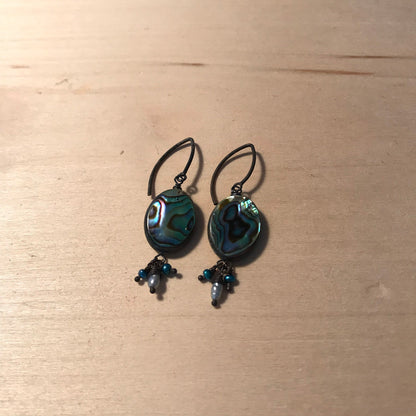 Abalone shell earrings with freshwater pearls and oxidized sterling silver components