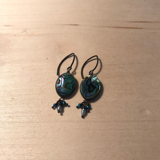 Abalone shell earrings with freshwater pearls and oxidized sterling silver components