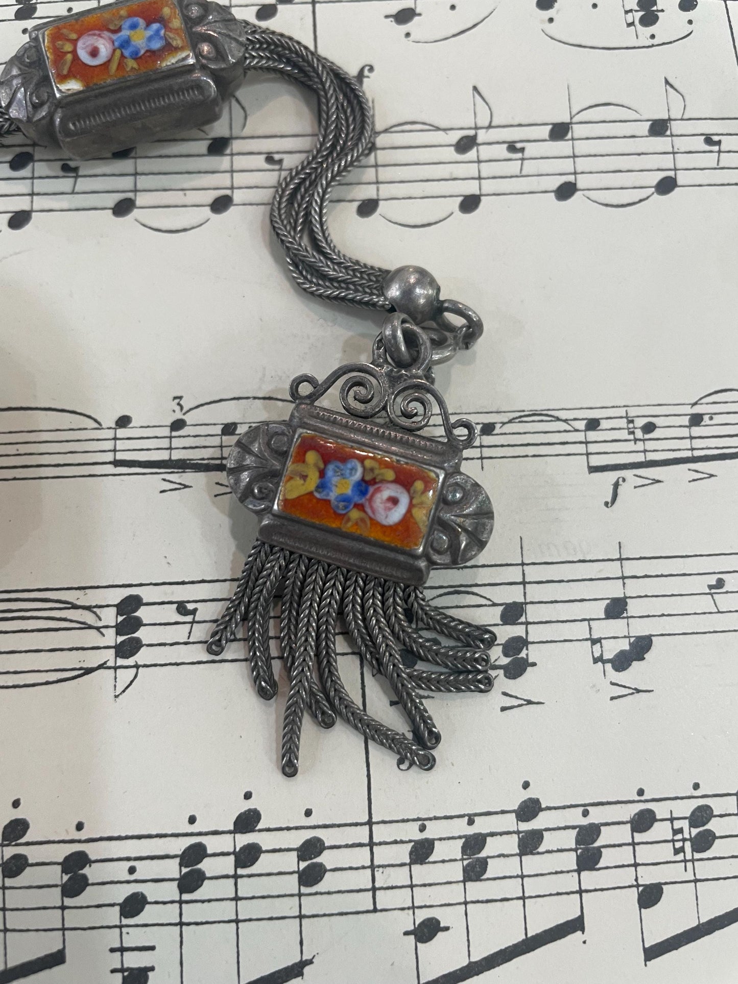 Rare Antique French Enameled Sterling Silver Pocket Watch Chain c1890