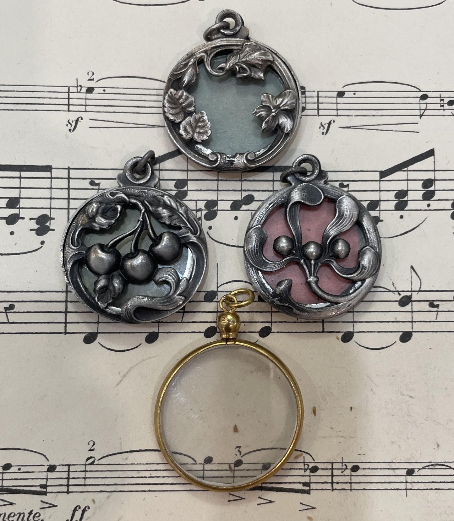 Antique French Art Nouveau Sliding Pendant Photo Holder Cherry c1920