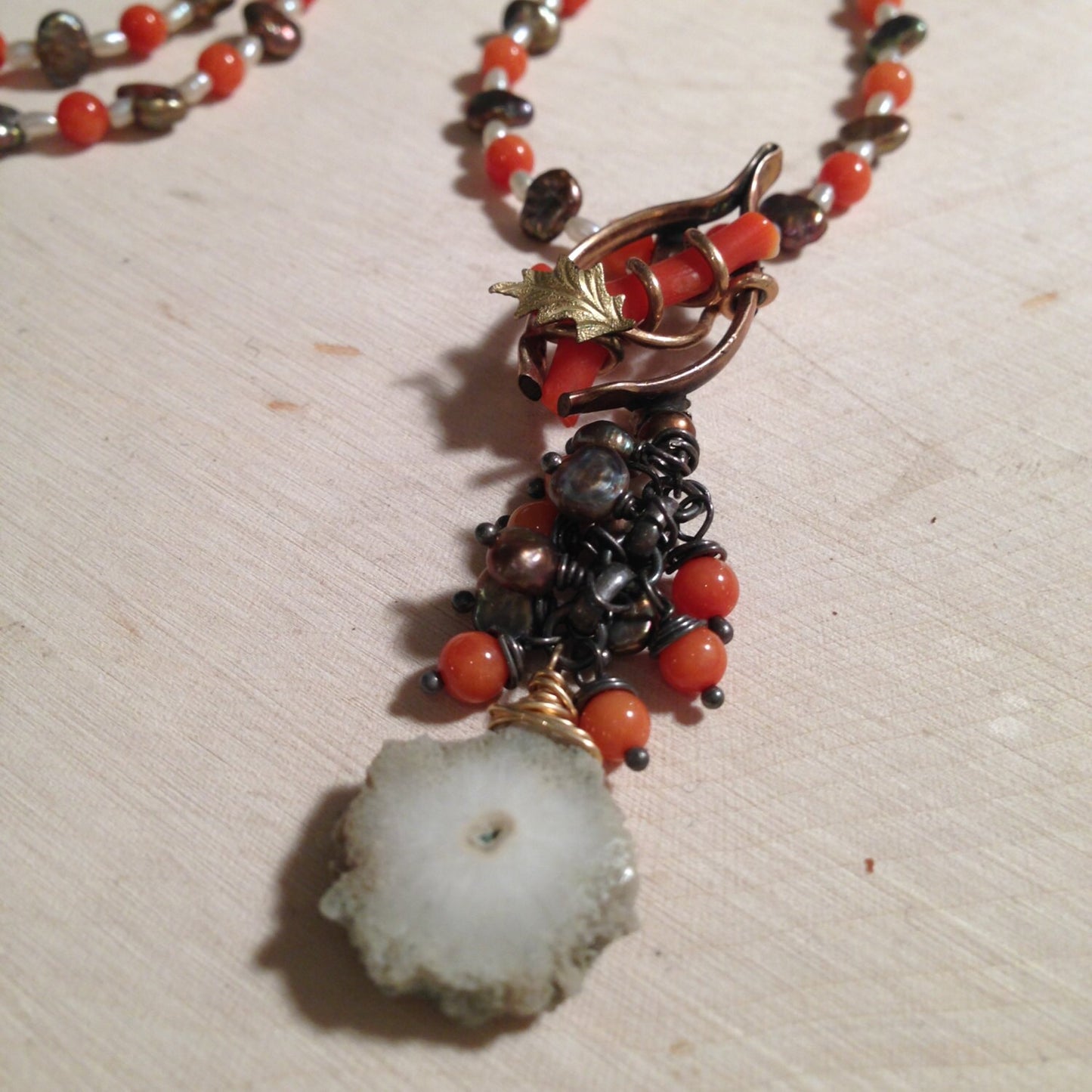 Victorian wishbone coral necklace with solar quartz and pearls