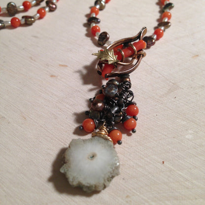 Victorian wishbone coral necklace with solar quartz and pearls