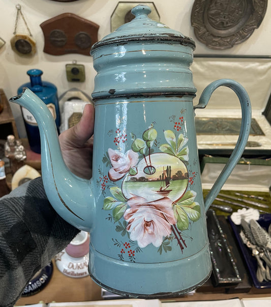 Rare Antique French Enamelware Coffee Pot Palette Flowers c1920