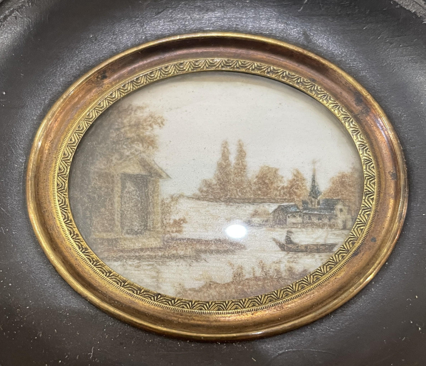Rare Antique French Mourning Hair Art Domed Glass Wooden Frame Boat Church c1840