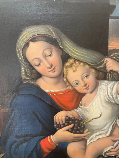 Rare Antique French Oil on Canvas Religious Painting The Virgin of the Grapes after Pierre MIGNARD c1830's