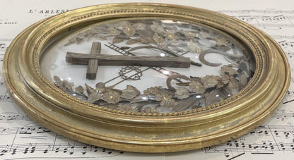 Rare Large Antique French Mourning Hair Art Domed Glass Oval Wooden Frame c1880