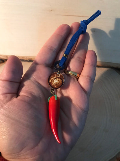 Murano glass chili pepper protection amulet with eye of Lucia shell and antique blue Dogon glass loop