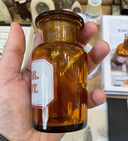 Small Antique French Apothecary Bottle Amber Glass Tartar. Stibiat. c1880