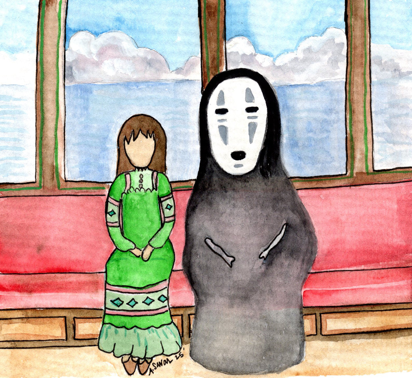 No Face and Cornhusk Doll - Original Framed Watercolor