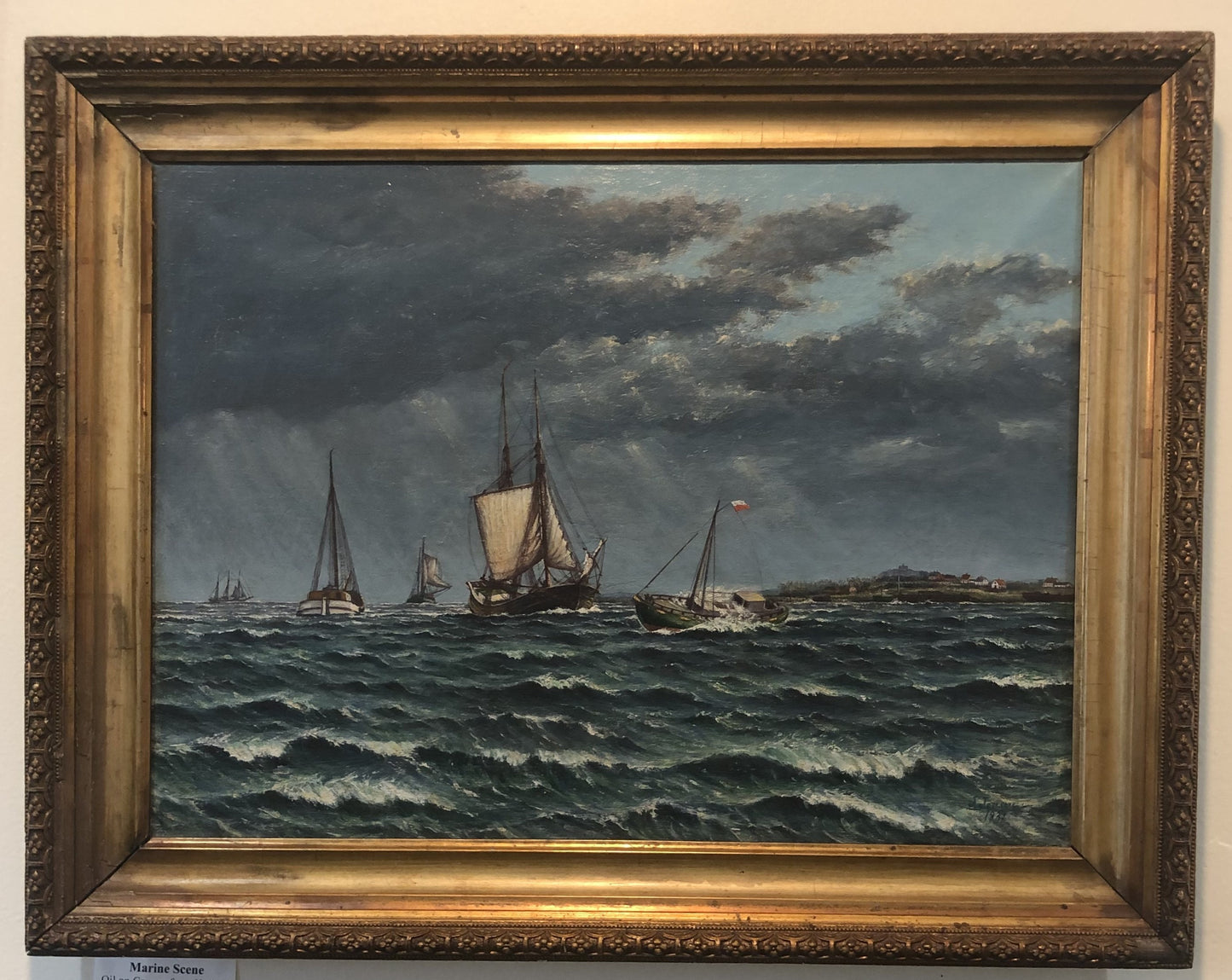 Antique Dutch Netherlands Oil on Canvas Marine Boats Signed J. Jensen c1931