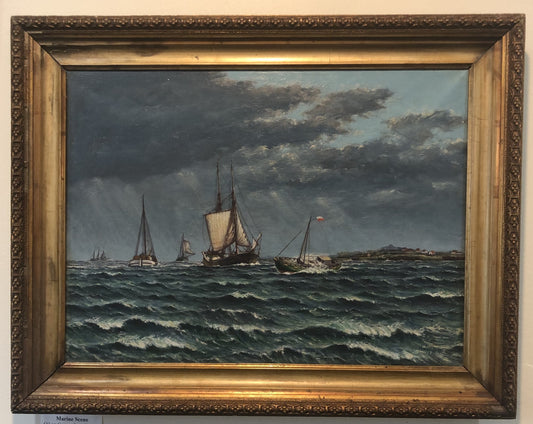 Antique Dutch Netherlands Oil on Canvas Marine Boats Signed J. Jensen c1931