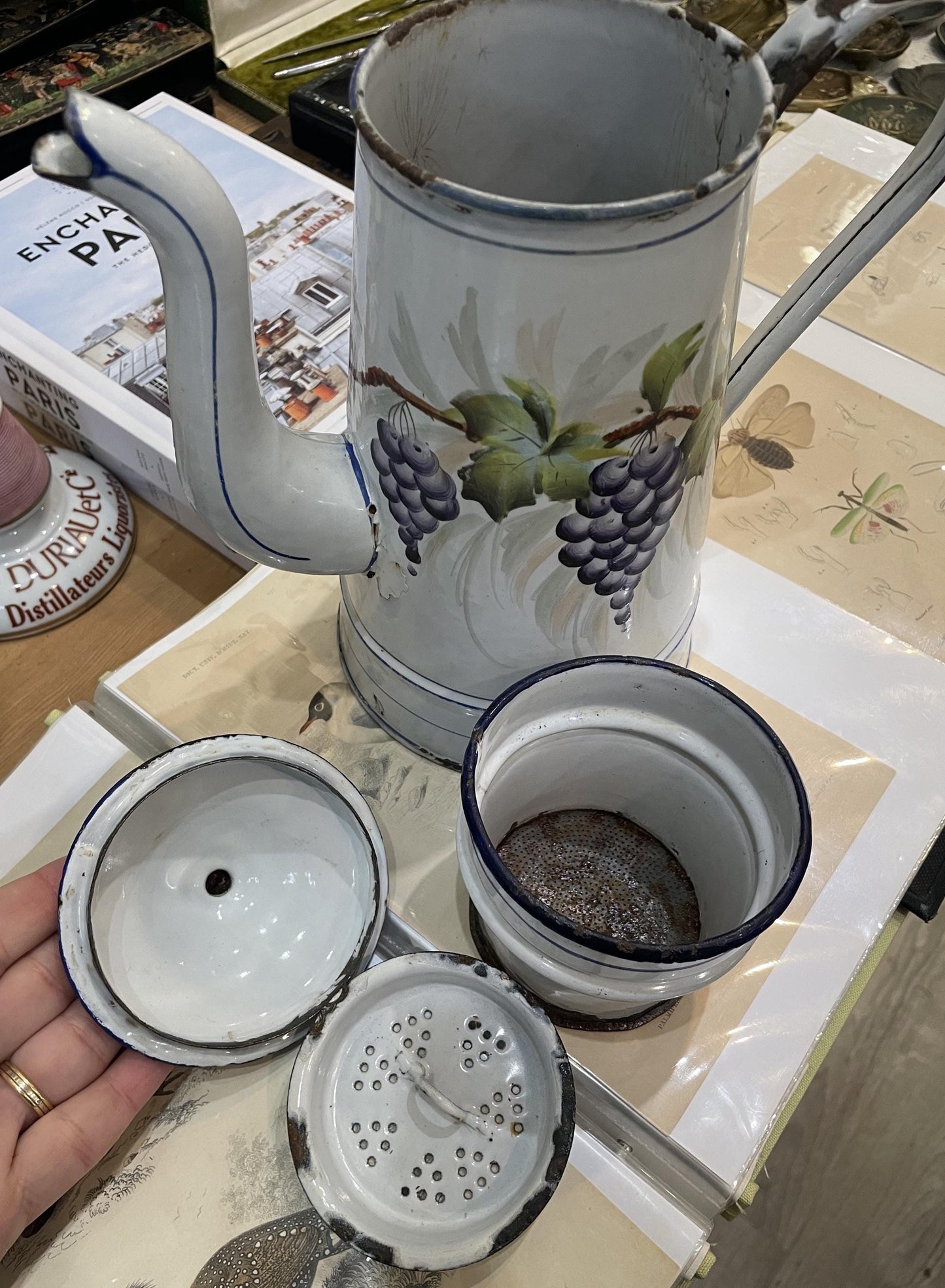 Rare Antique French Enamelware Coffee Pot Grapes Vine c1920