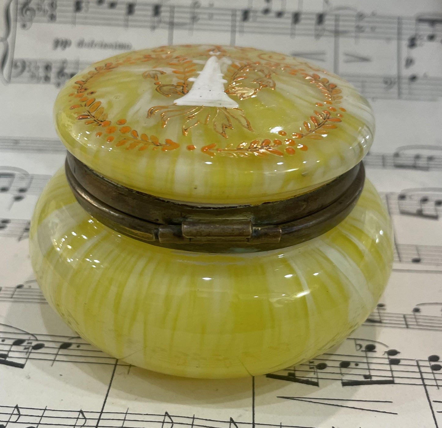 Antique French Gilt Brass Yellow Glass Hand Painted Enameled Box Torch c1920