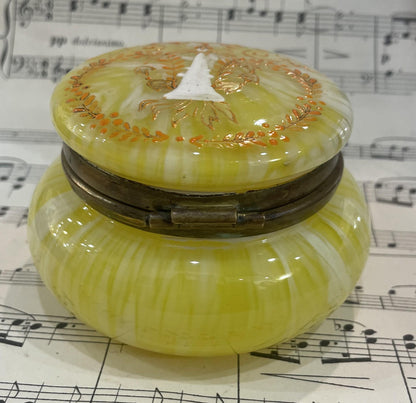 Antique French Gilt Brass Yellow Glass Hand Painted Enameled Box Torch c1920