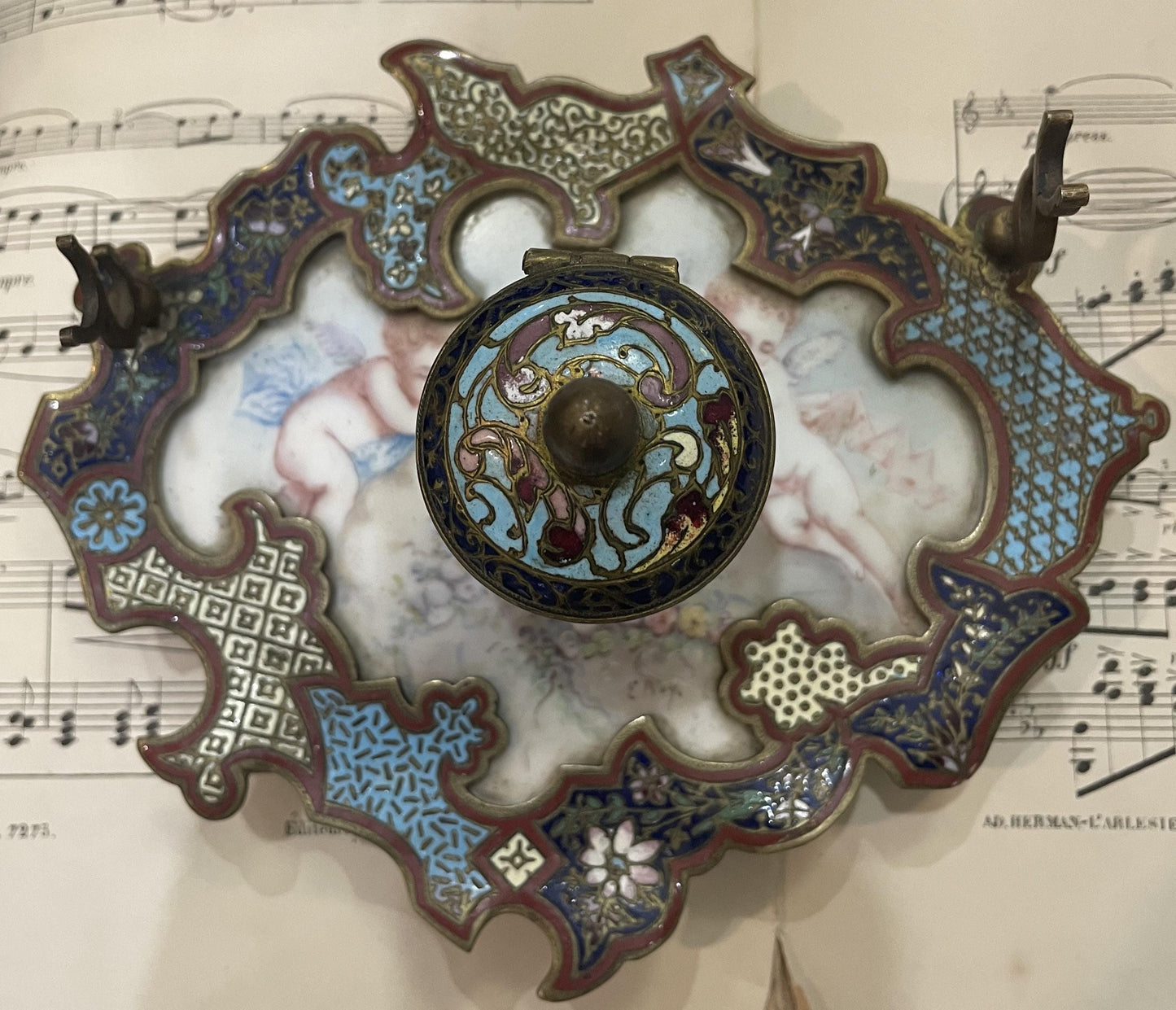 Rare Antique French Champleve Enamel Bronze Hand Painted Angels Ink Well Inkwell c1880