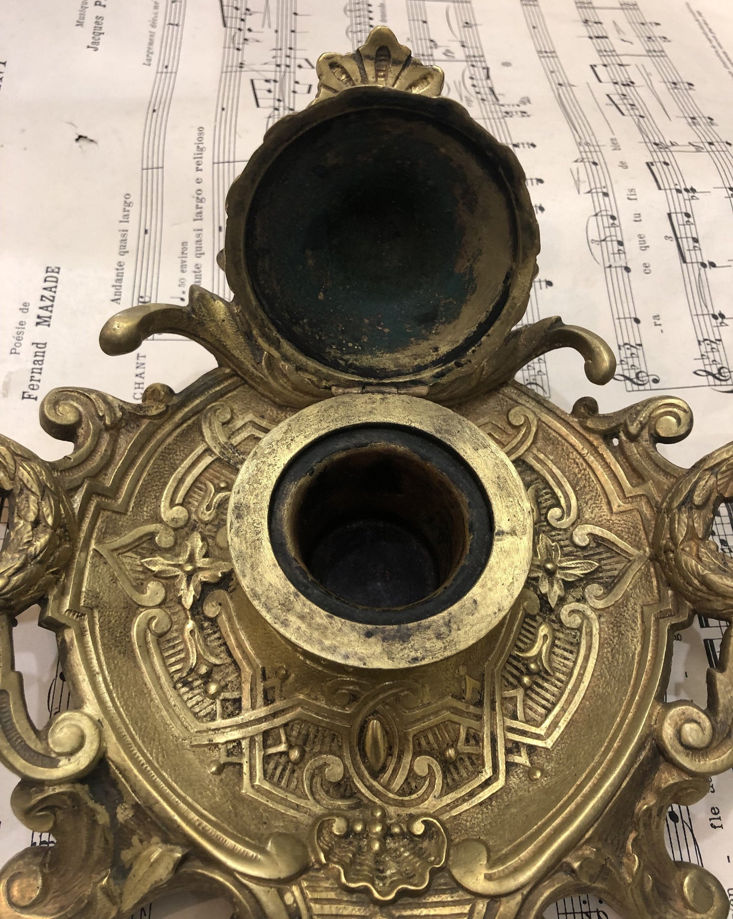 Rare Large Antique French Art Nouveau Bronze Inkwell c1900