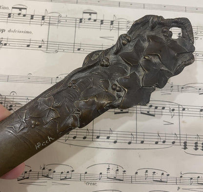 Rare Large Antique French Bronze Art Nouveau Letter Opener Leaves Signed Risch c1880