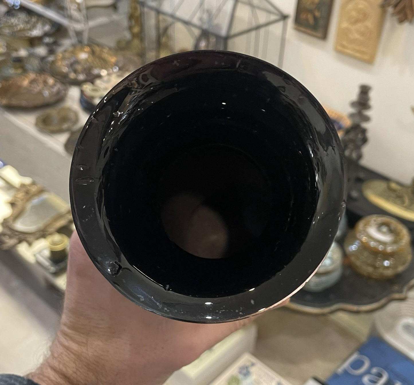 Rare Antique French Black Glass Hand Painted Enameled Vase Mary Gregory c1900