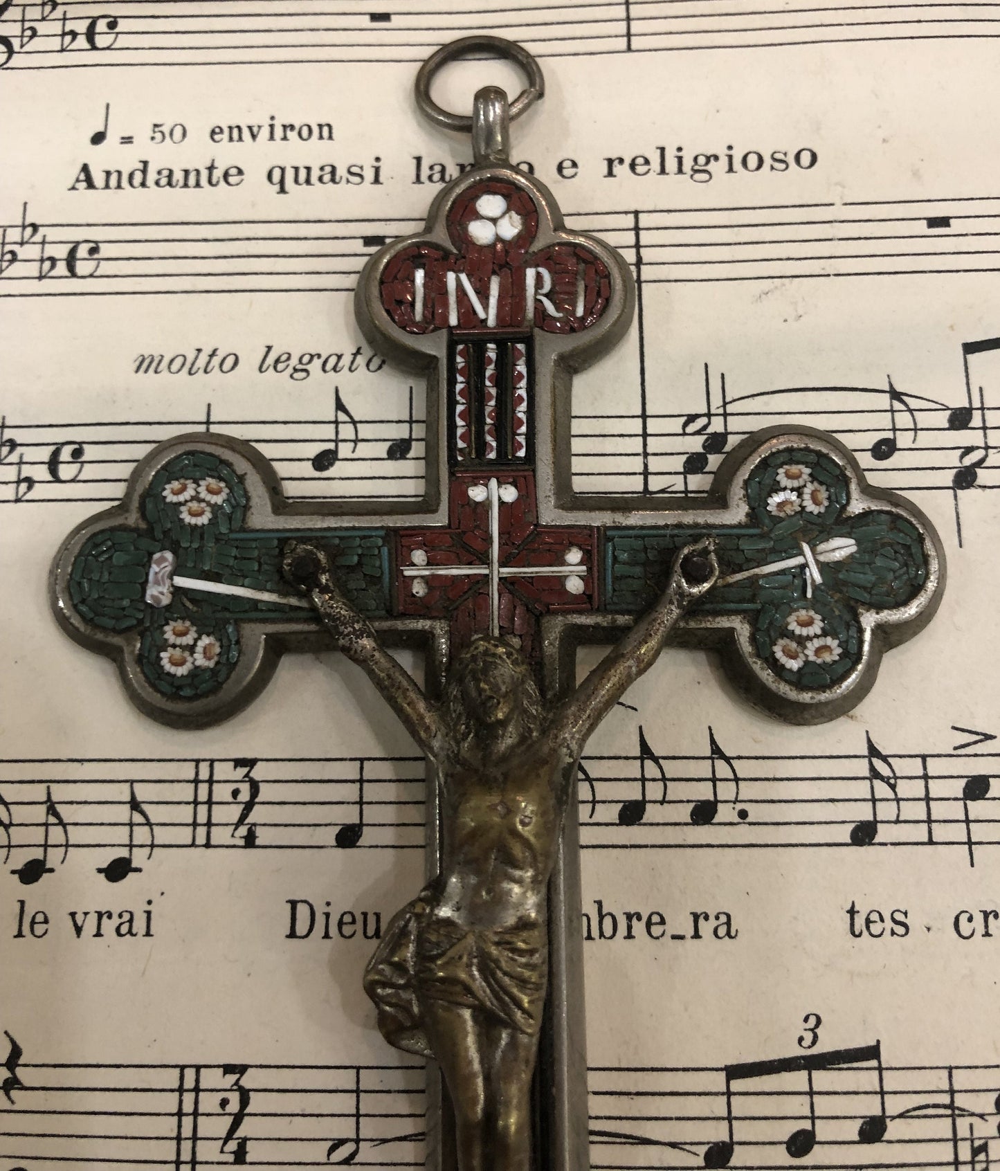 Large Antique Italian Micro Mosaic Micromosaic Cross Crucifix Roma Flowers c1900