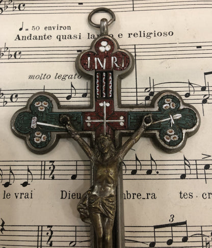 Large Antique Italian Micro Mosaic Micromosaic Cross Crucifix Roma Flowers c1900