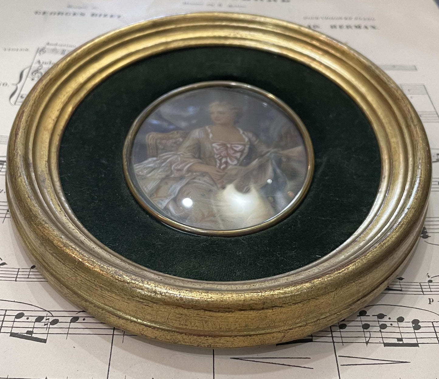Antique French Miniature Woman Portrait Velvet Glass Signed Hil c1920