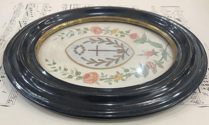 Rare Large Antique French Mourning Hair Art Hand Painted Roses under Glass c1913