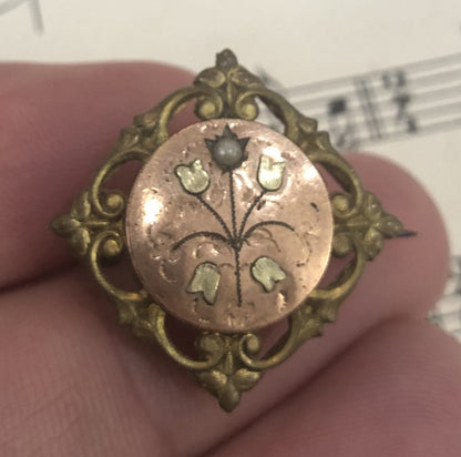 Antique French Art Nouveau Gold Plated Brooch Pendant Flower Pearl c1900