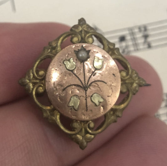 Antique French Art Nouveau Gold Plated Brooch Pendant Flower Pearl c1900