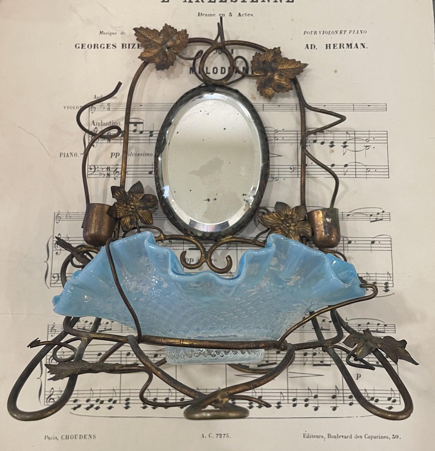 Rare Antique French Pocket Watch Holder Mirror Glass Tray c1880