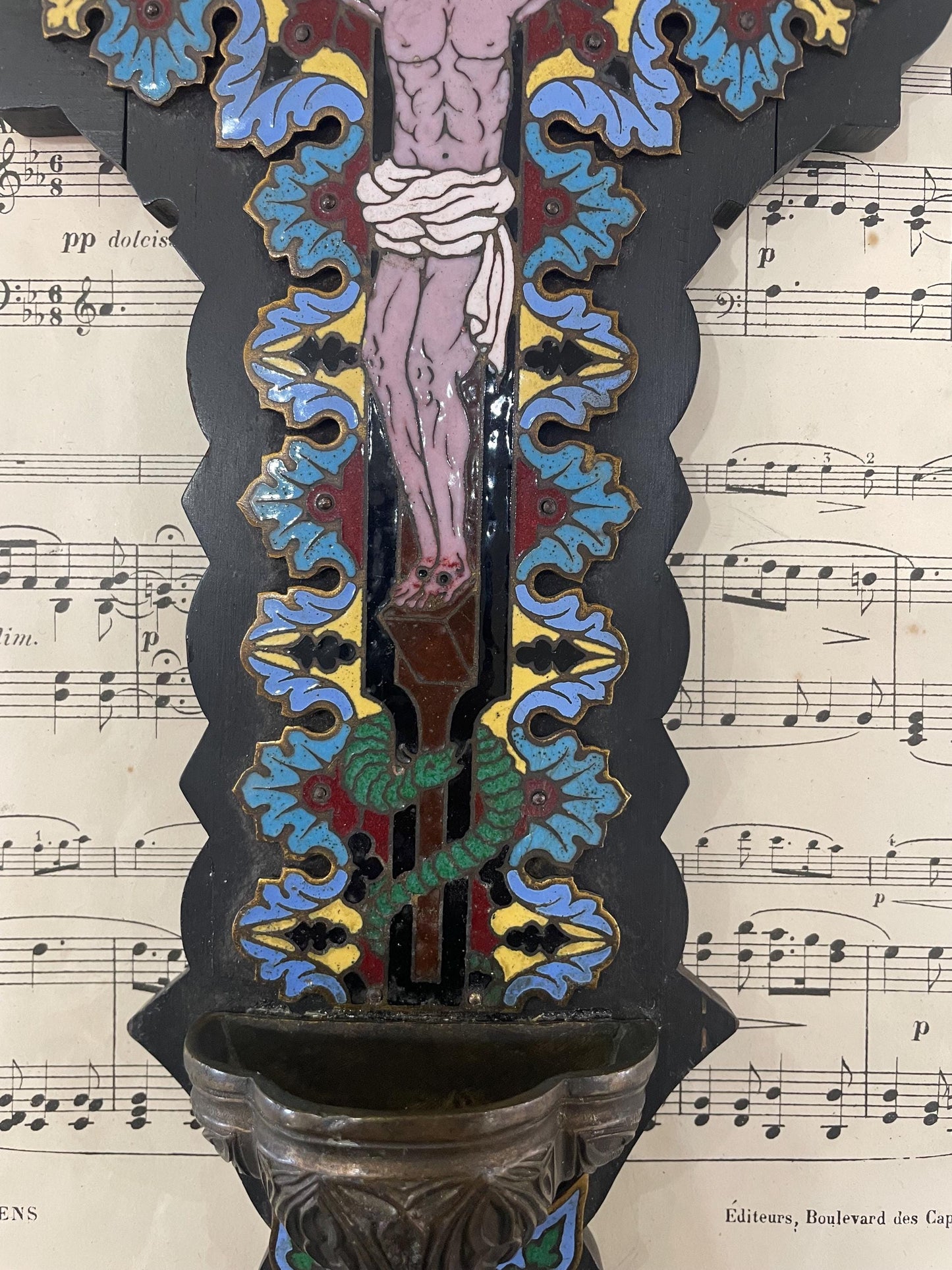 Rare Large Antique French Champleve Enamel Wood Holy Water Font Jesus c1880