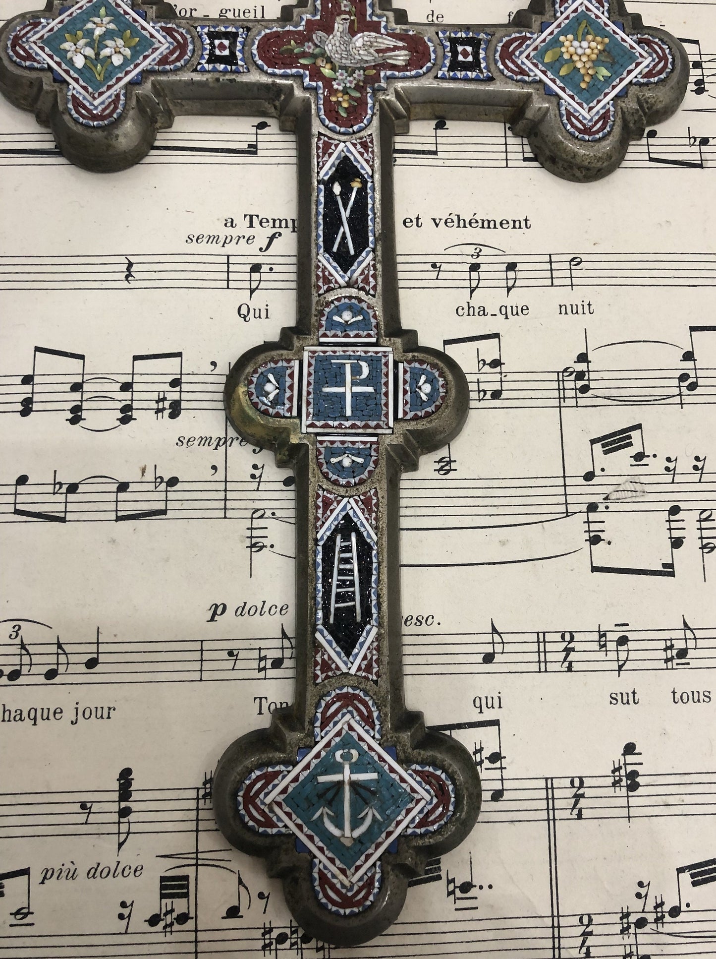 RARE Large Antique Italian Micro Mosaic Micromosaic Cross Crucifix Bird Anchor Grapes Flowers c1900