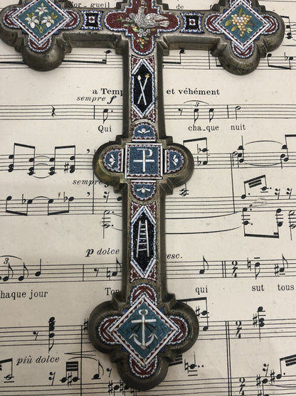 RARE Large Antique Italian Micro Mosaic Micromosaic Cross Crucifix Bird Anchor Grapes Flowers c1900