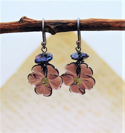 Dangle Amethyst Violet Blossom Earrings with peridot, freshwater pearls and sterling findings.