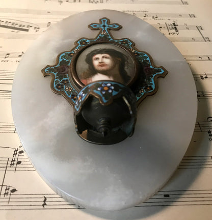 Antique French Champleve Enamel Hand Painted Porcelain Holy Water Font Jesus c1880