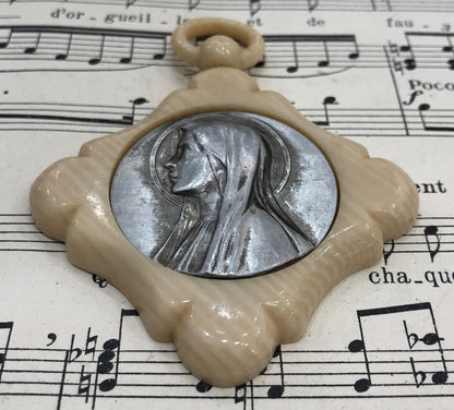 Rare Antique French Crib Cradle Protector Virgin Mary Celluloid Baptism c1920