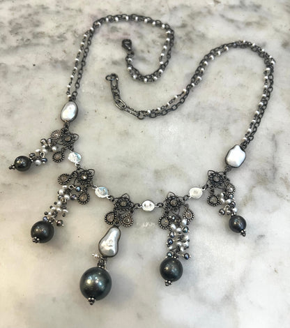 Tahitian Black Pearl and Diamond Necklace with tourmaline