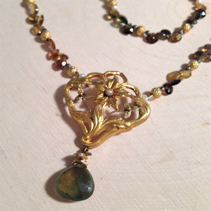 18k Art Nouveau Flower and Tourmaline Necklace and Earrings Set by Andrea SAVAR